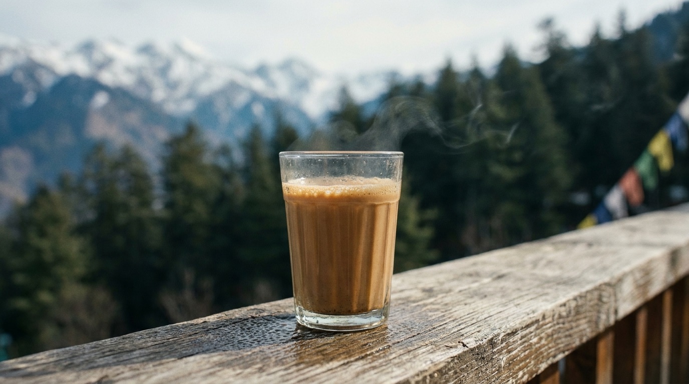 A glass of chai steaming on a guesthouse terrace railing at dawn