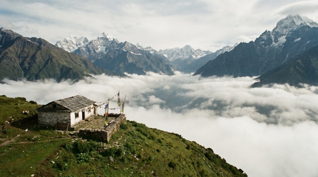 First light over the Himalayan valley at dawn